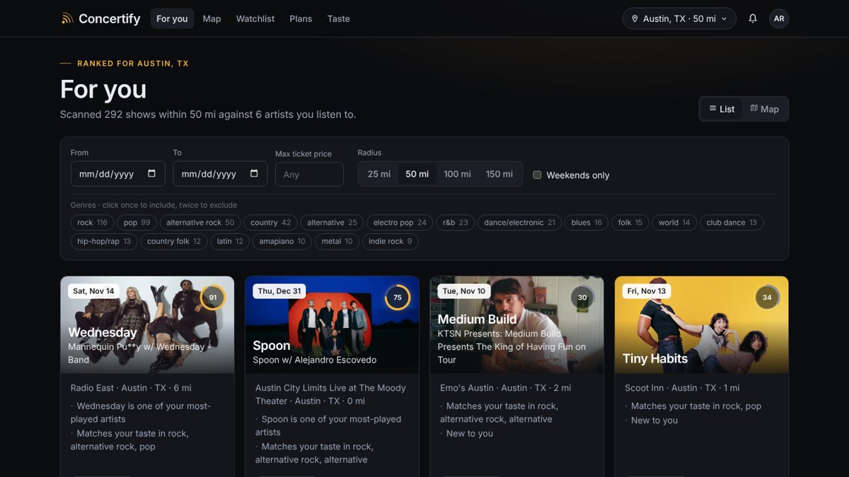 Concertify recommendations page